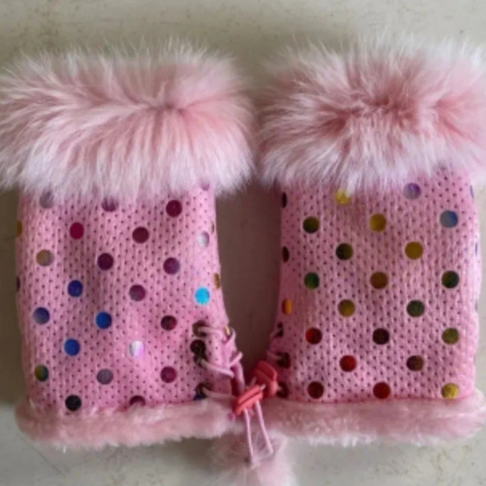 NWT Y3K Fall Winter light pink‎ Faux Fur polkadots fingerless gloves (#1,045)